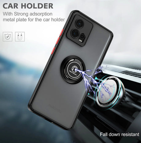 A smartphone case with an integrated magnetic car holder and a ring stand.