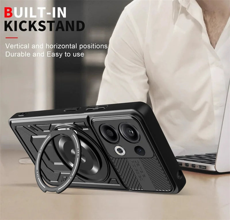 Black phone case with a built-in kickstand.