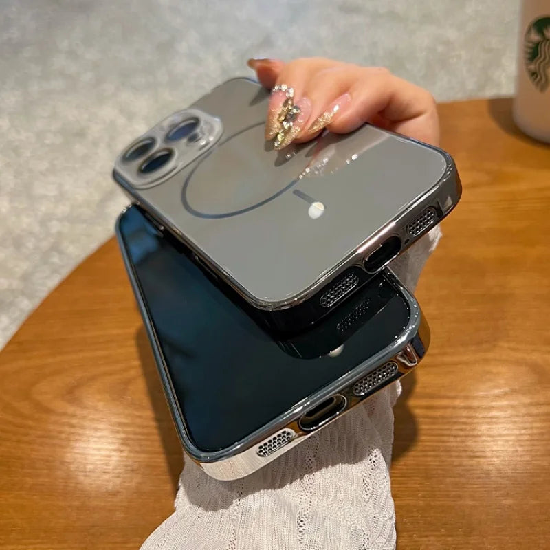 Two clear, chrome-edged iPhone cases.