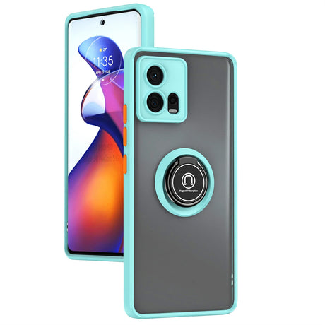 Light blue and translucent gray smartphone case with a built-in ring holder.