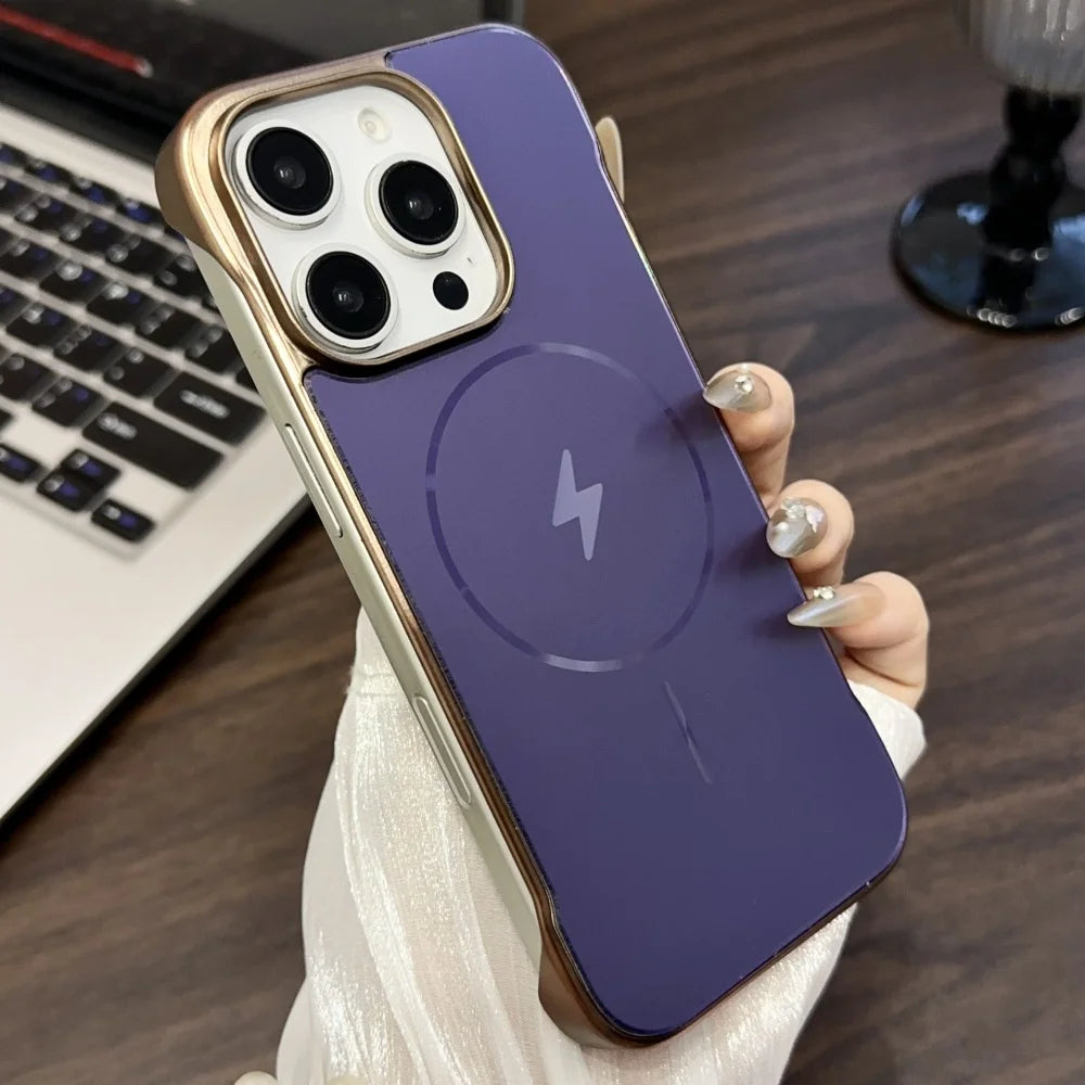 Purple smartphone with a gold-trimmed camera module and a lightning bolt symbol on the back.