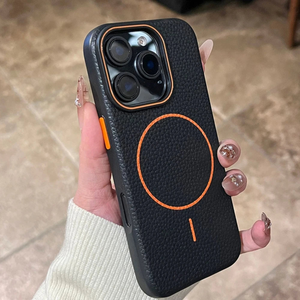Black leather-textured smartphone case with orange accents