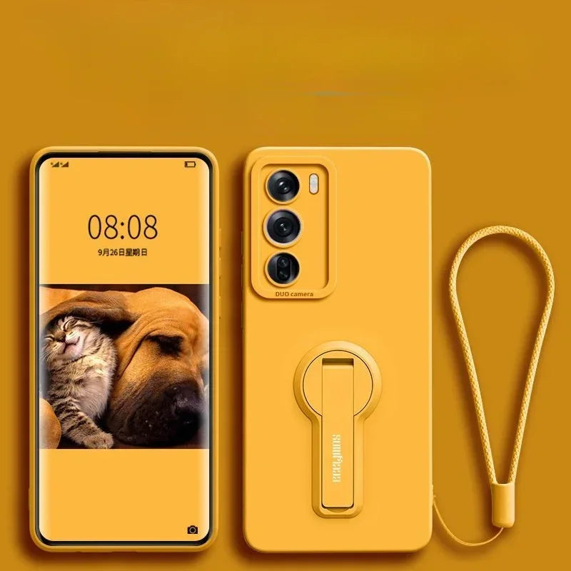 Yellow smartphone with a matching case featuring a triple camera, kickstand, and wrist strap.