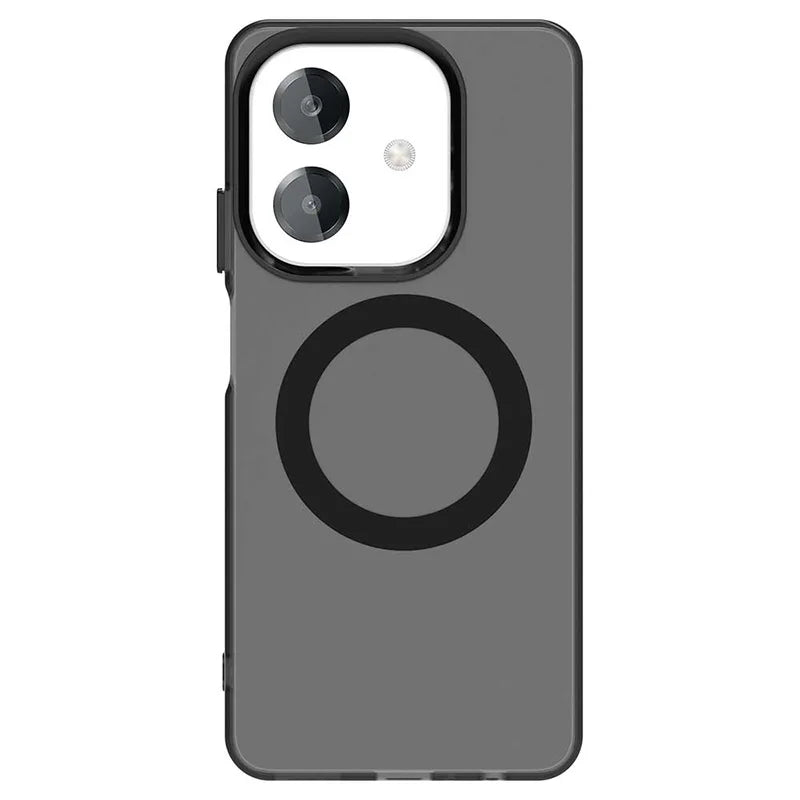 Dark gray phone case with a transparent camera cutout and a black magnetic ring.