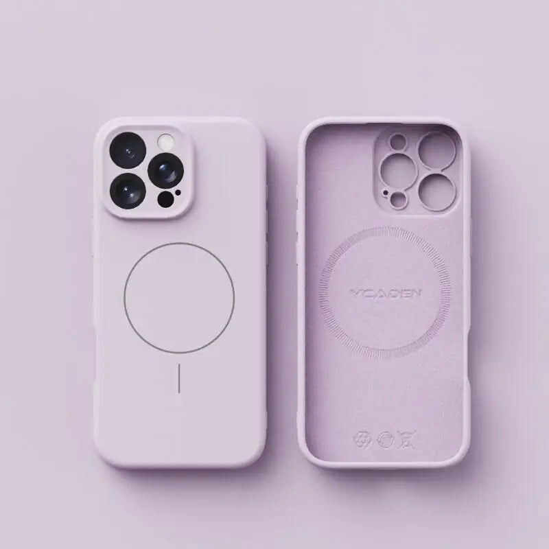 Two light purple iPhone cases, one showing the exterior with a magnetic ring and camera cutouts, and the other showing the interior with embossed details.