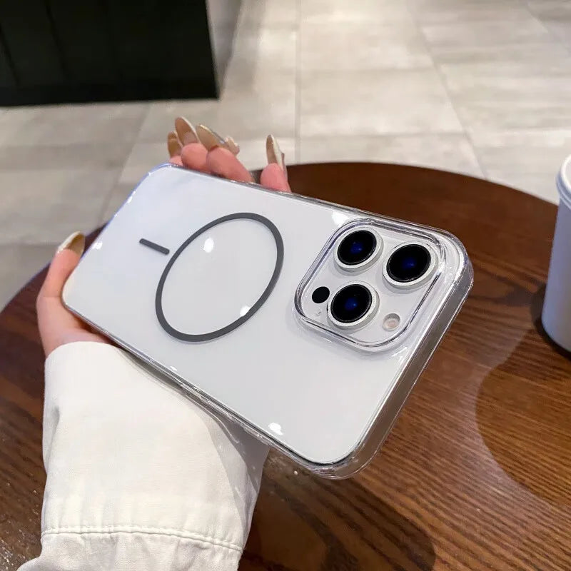 Clear phone case with a black MagSafe ring and three camera cutouts.