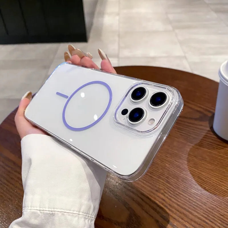 White smartphone with a clear protective case featuring a purple magnetic charging ring.