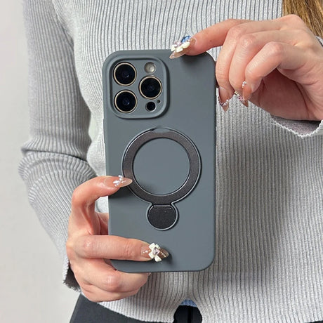 Gray iPhone case with a built-in magnetic ring holder and kickstand.