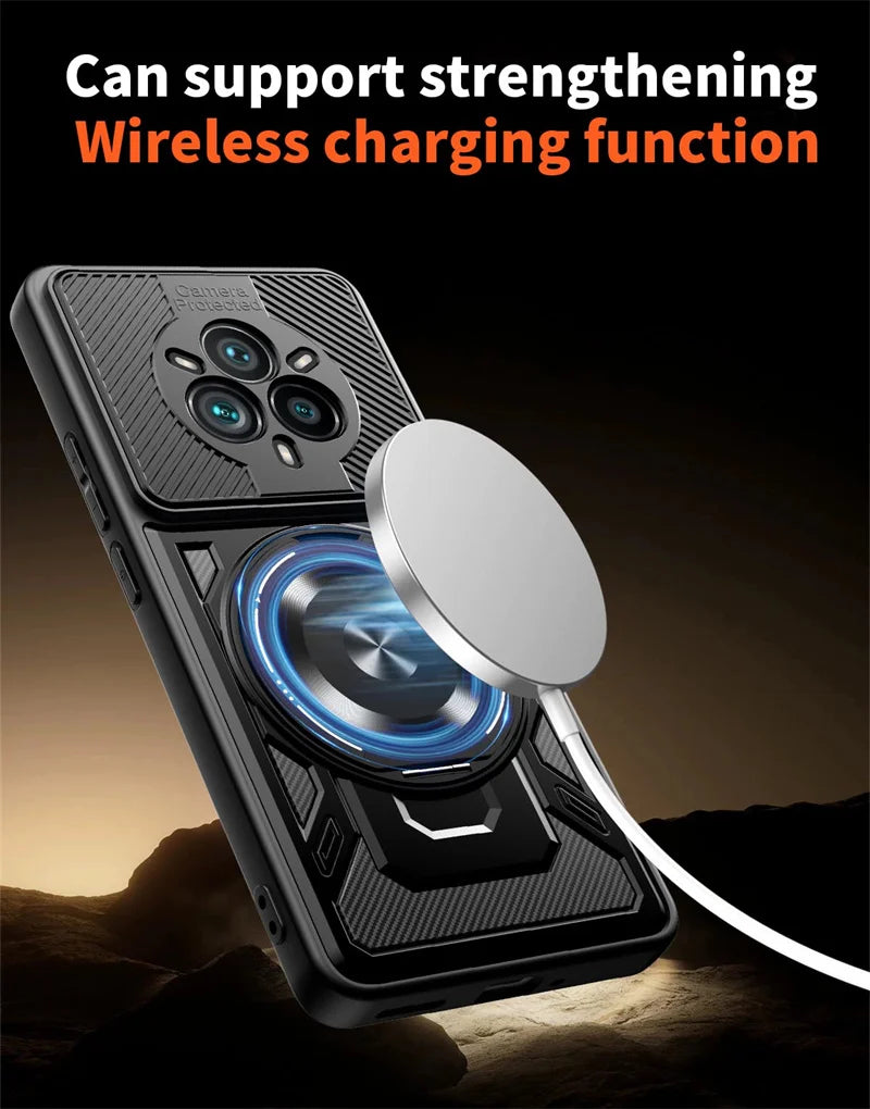 A black smartphone case with an integrated magnetic ring for wireless charging.