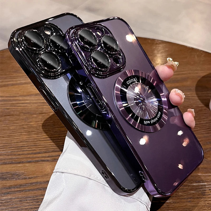 Two glossy, gradient purple and black phone cases with a rotating ring stand.