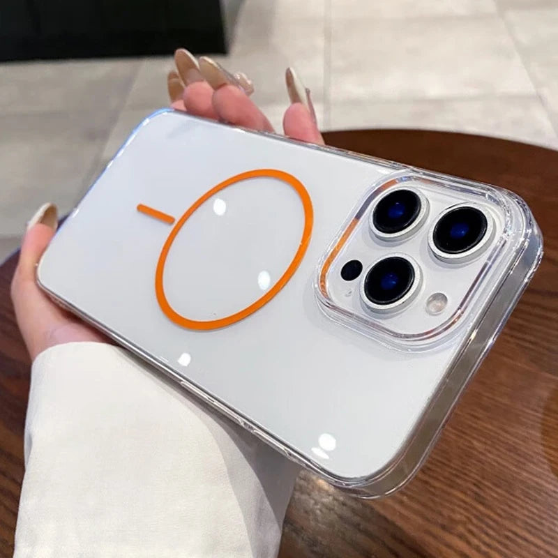 Clear iPhone case with an orange MagSafe ring and triple camera protection.