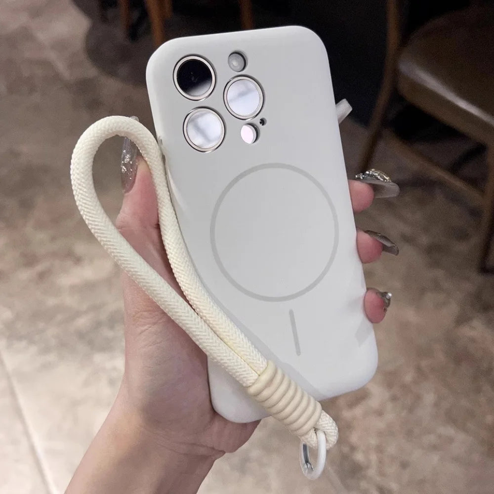White silicone phone case with a wrist strap.