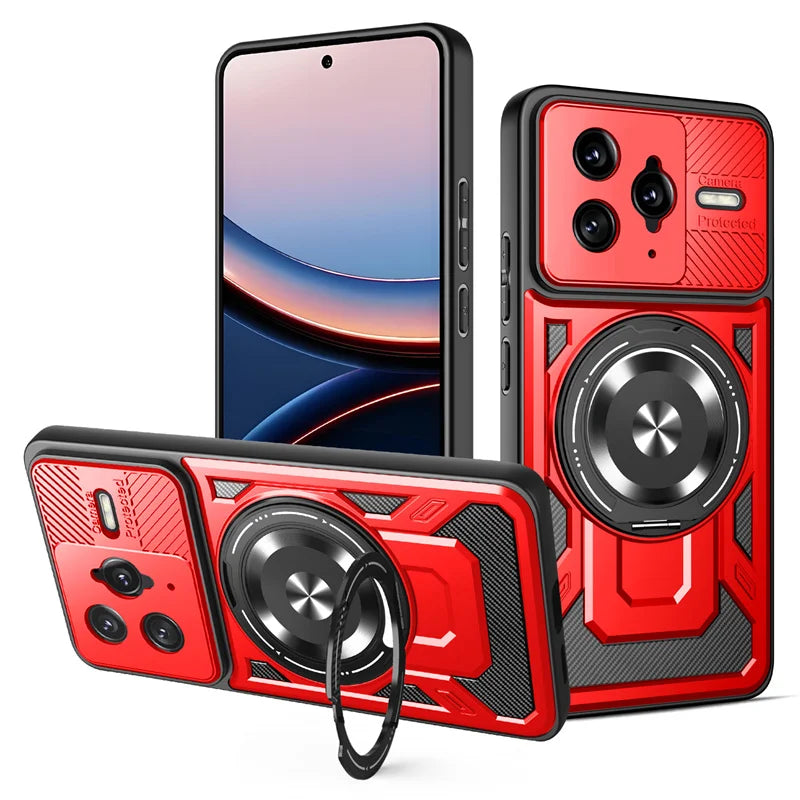 Red smartphone cases with a camera slide cover and a magnetic ring stand.