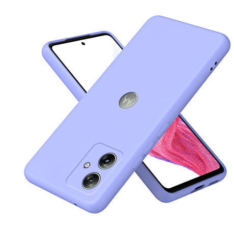 A lavender silicone phone case with a Motorola logo and camera cutouts.