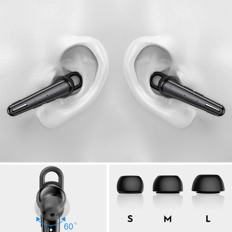 Black wireless earbuds with ear tips.