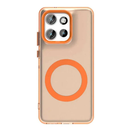 Clear phone case with an orange camera bezel accent and a built-in orange magnetic ring for wireless charging.