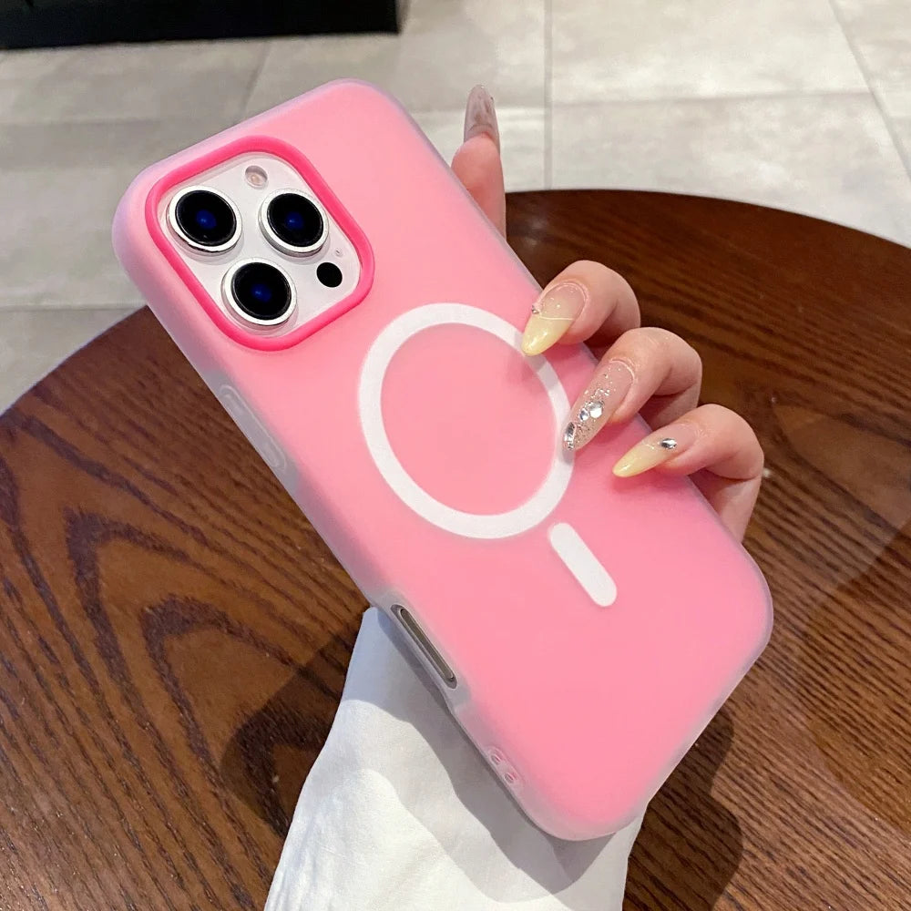 Pink silicone phone case with a Magsafe ring and triple camera cutouts.