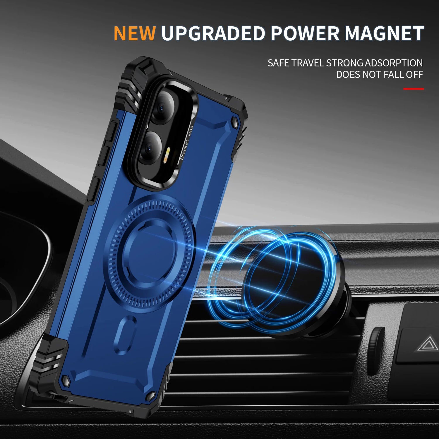 A blue, rugged phone case with a built-in magnetic ring for secure car mounting.