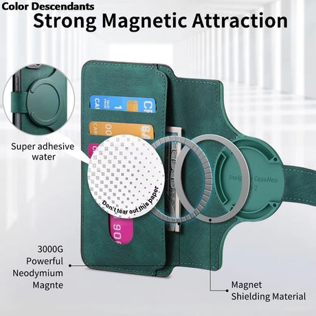 A green magnetic phone wallet case with card slots and an adhesive backing.