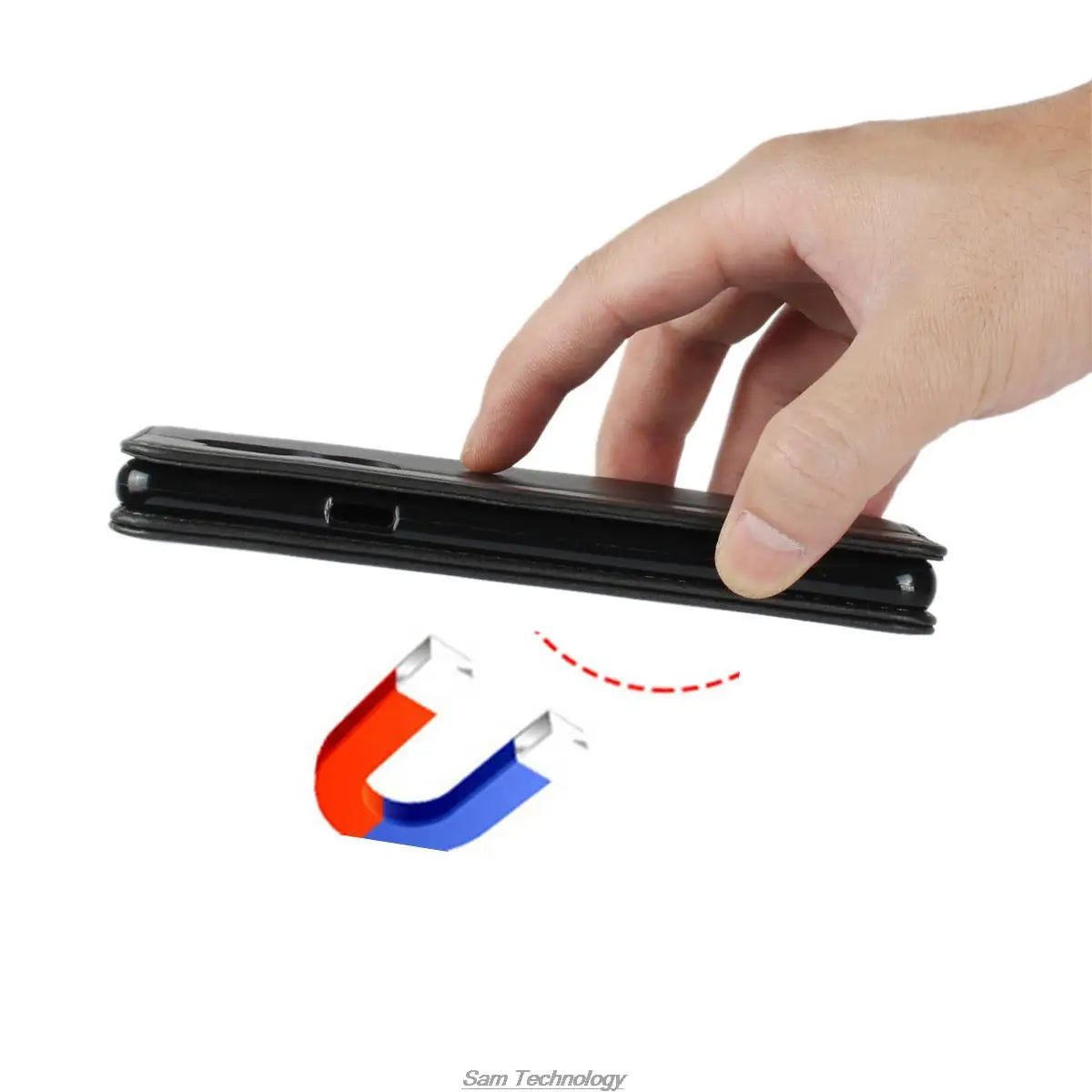 A black foldable phone case with magnetic closure.