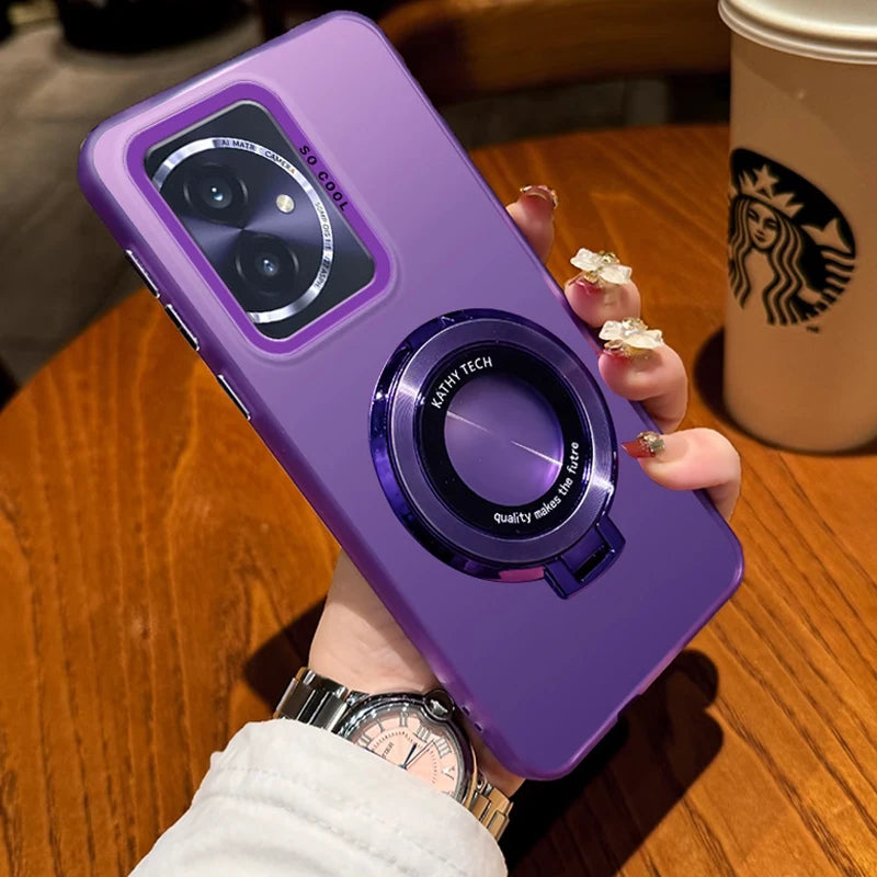 Purple smartphone case with a built-in camera lens protector and a ring stand.