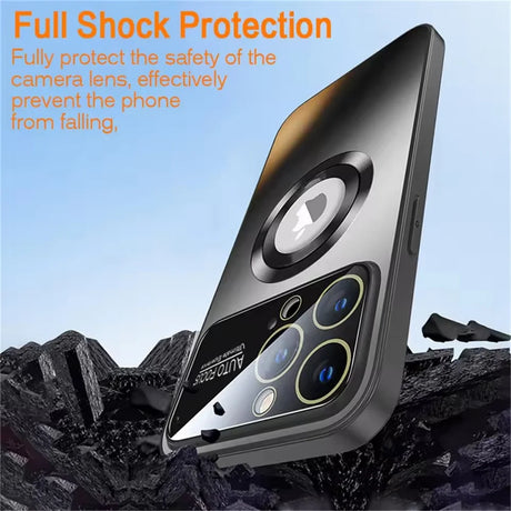 A dark gray phone case with a transparent back, a raised camera module protector, and a circular magnetic charging ring.