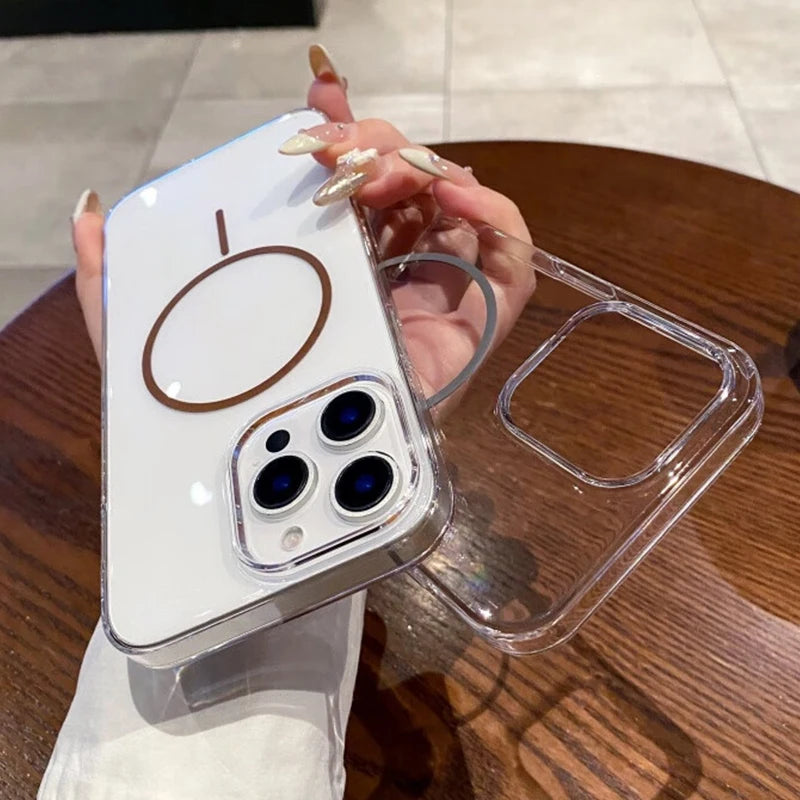 A clear MagSafe-compatible iPhone case with a silver metallic edge and camera lens protectors.