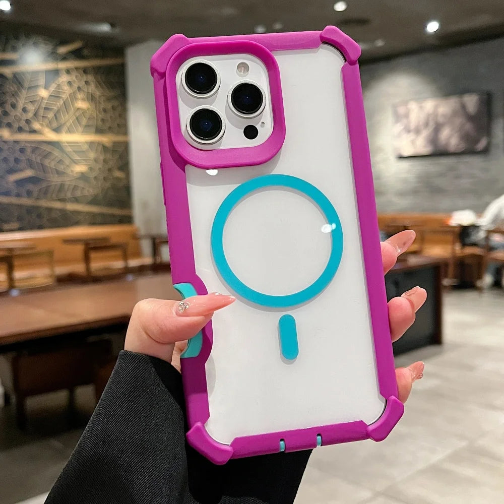 A clear iPhone case with purple edges and a blue magnetic ring.