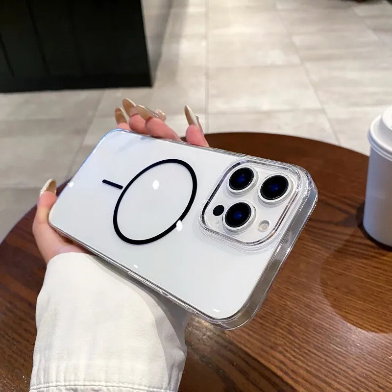 Clear iPhone case with a black MagSafe ring and three camera cutouts.