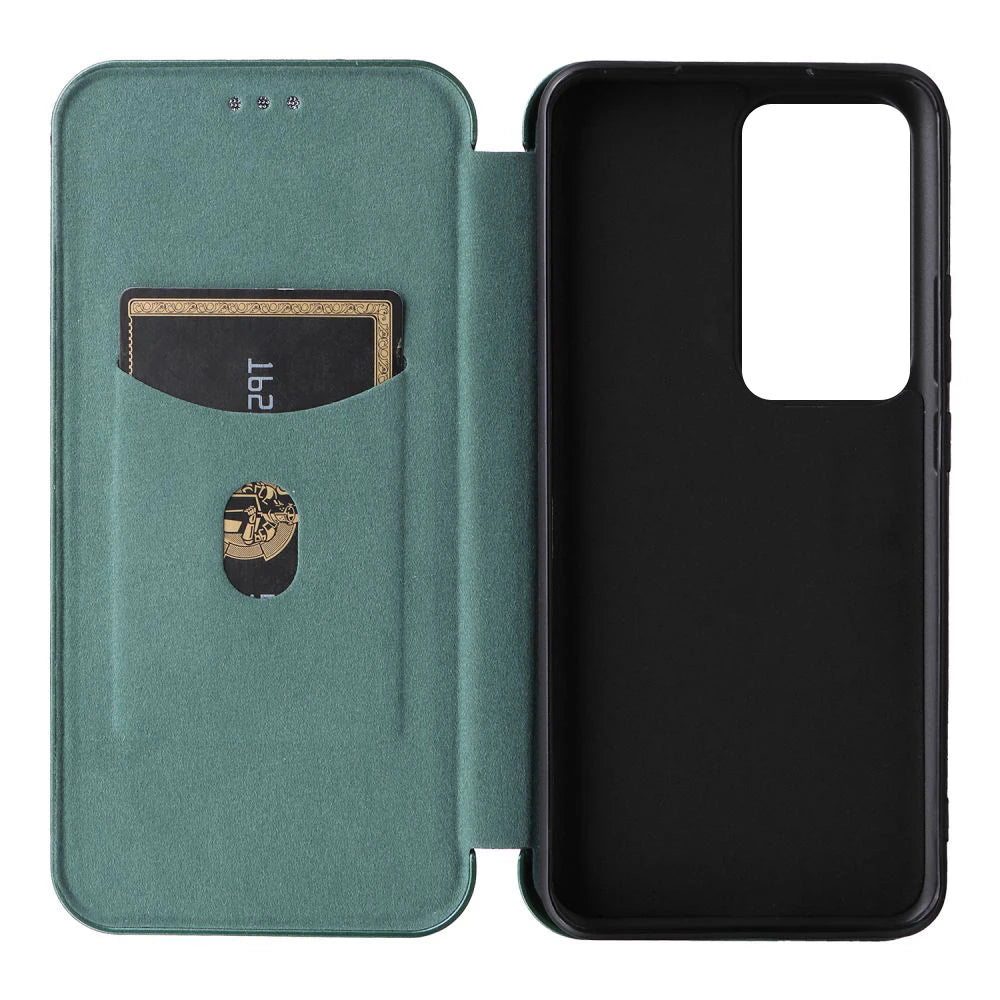 Open green faux leather wallet phone case with a black phone holder and card slots.