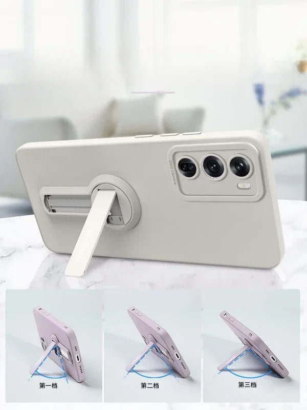 A smartphone case with an integrated, adjustable kickstand.