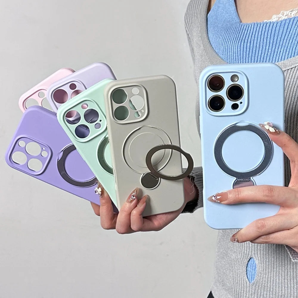 A collection of pastel-colored iPhone cases with integrated ring stands.