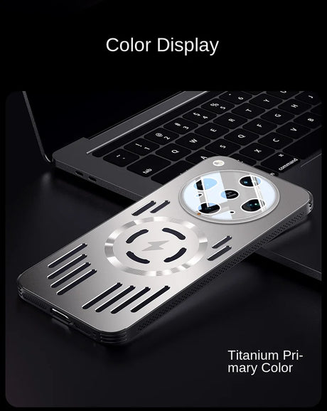 Titanium primary color phone case with a large circular camera cutout and a lightning bolt symbol for wireless charging.