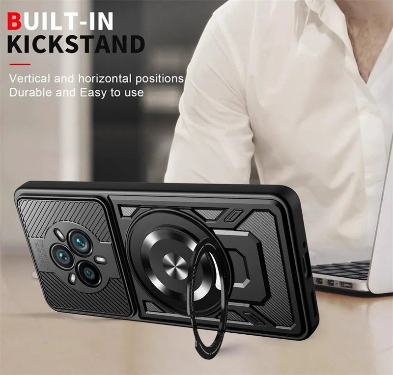 A black phone case with a built-in kickstand and camera protection.
