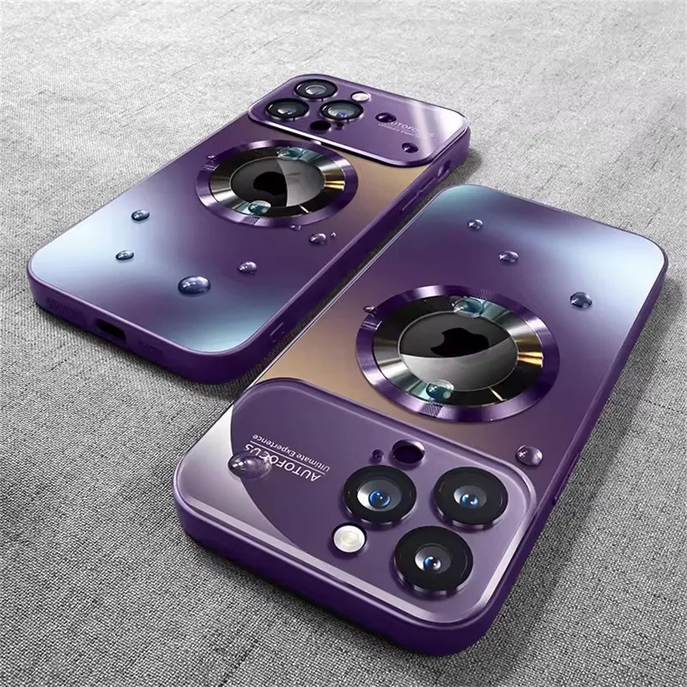 Two purple smartphone cases with a circular magnetic ring and triple camera protection.