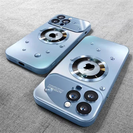 Two light blue iPhone cases with camera lens protection and a prominent magnetic ring for MagSafe.