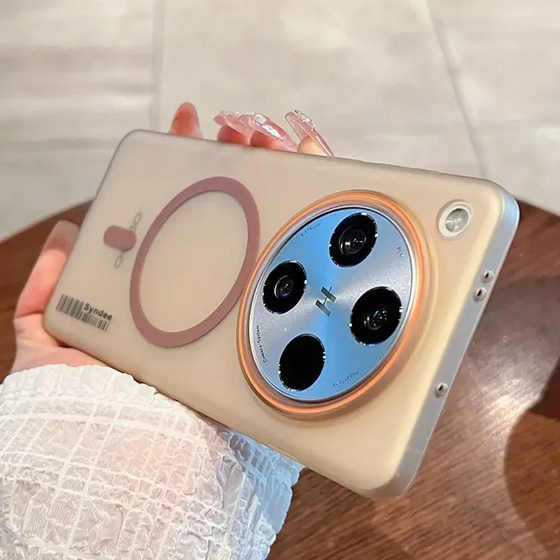 A beige phone case with a circular camera cutout and a pink magnetic ring.