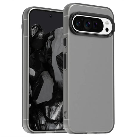 A grey smartphone with a transparent protective case.