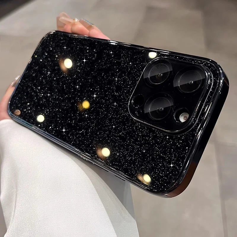 Sparkly black phone case with a camera cutout.