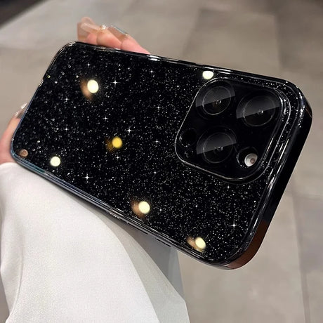 Sparkly black phone case with a camera cutout.