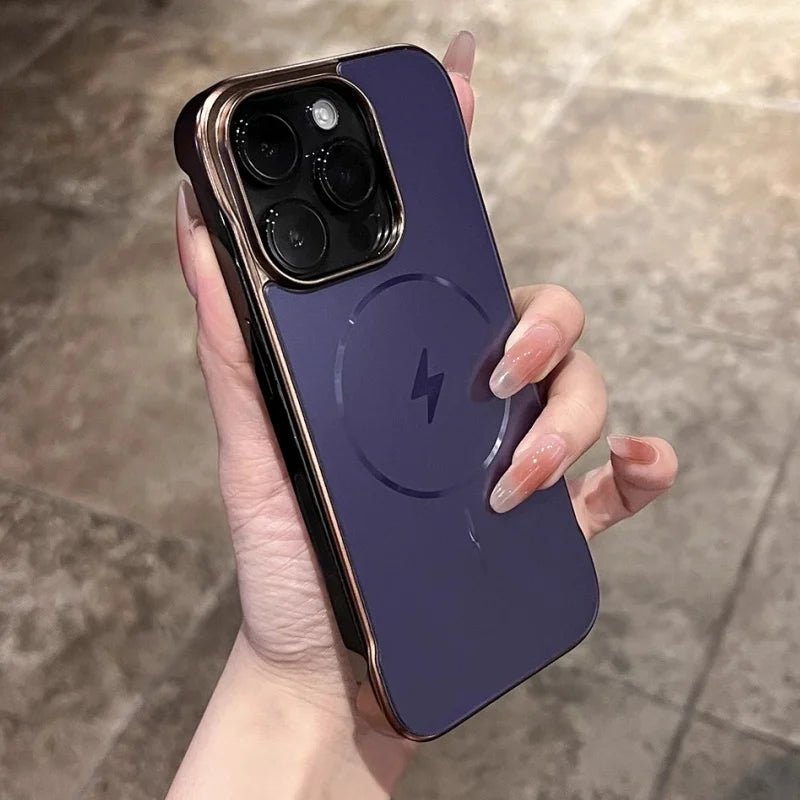 Purple iPhone with gold trim and a lightning bolt design on the back.
