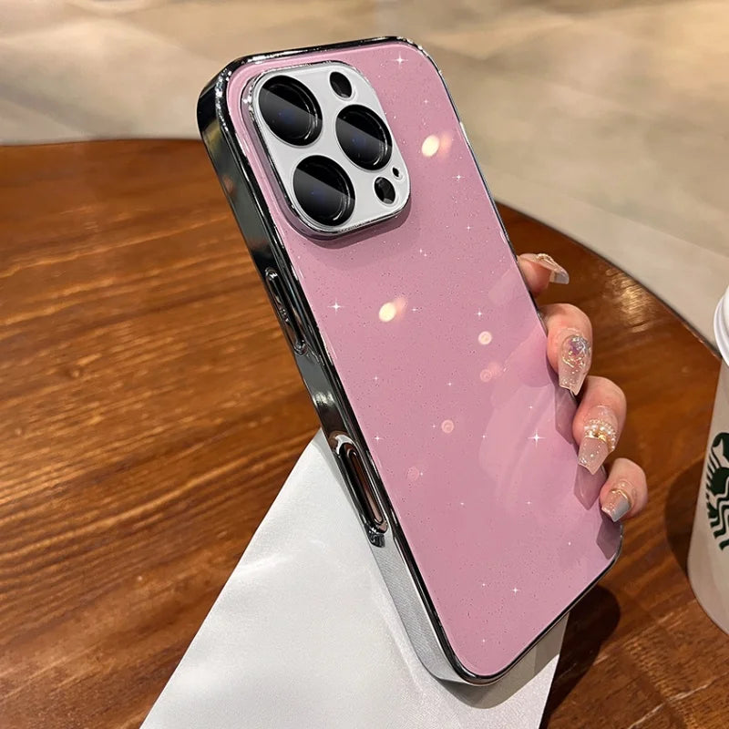 Sparkly pink smartphone case with chrome edges and camera accents.