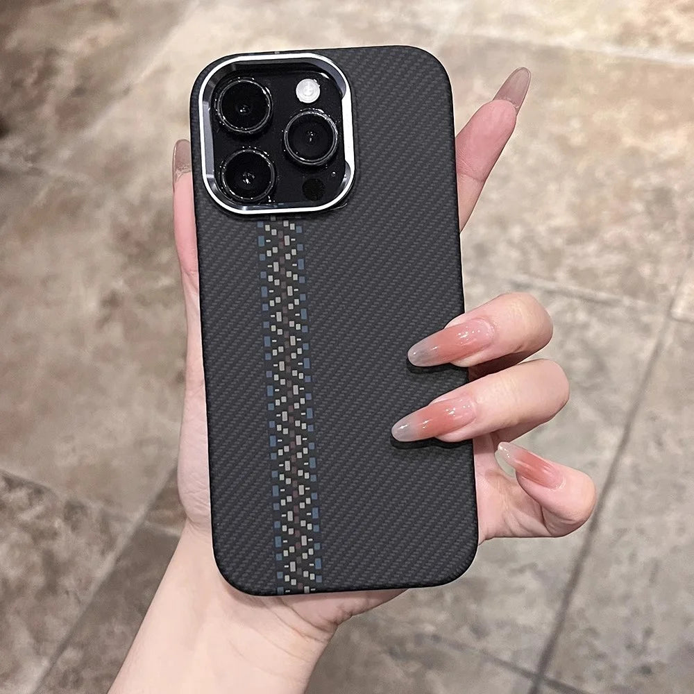 Black smartphone case with a carbon fiber texture and two vertical gray stripes.