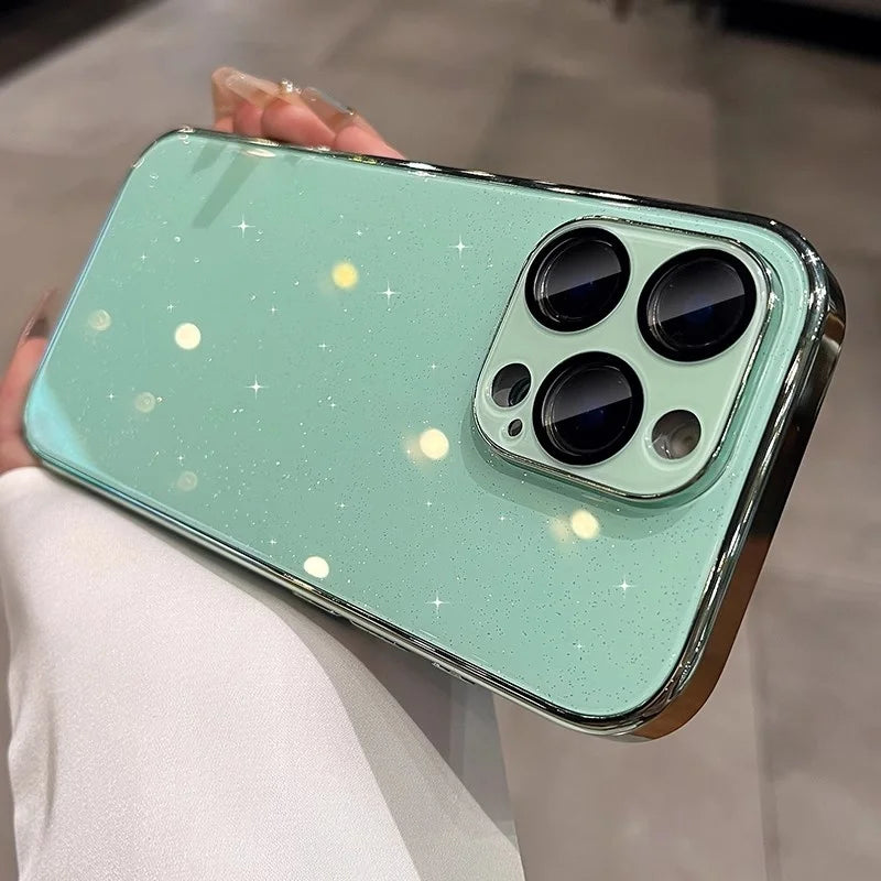 A mint green glitter phone case with a clear bumper and camera lens protector.