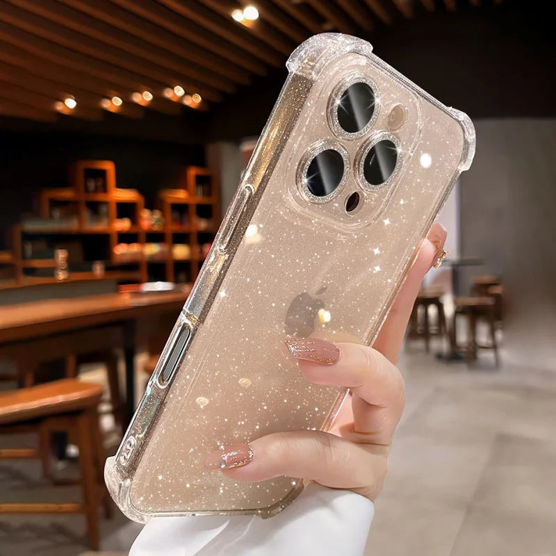 A clear, glitter-infused phone case with reinforced corners.