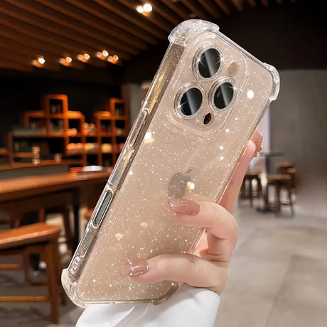 Glittery clear iPhone case with reinforced corners.