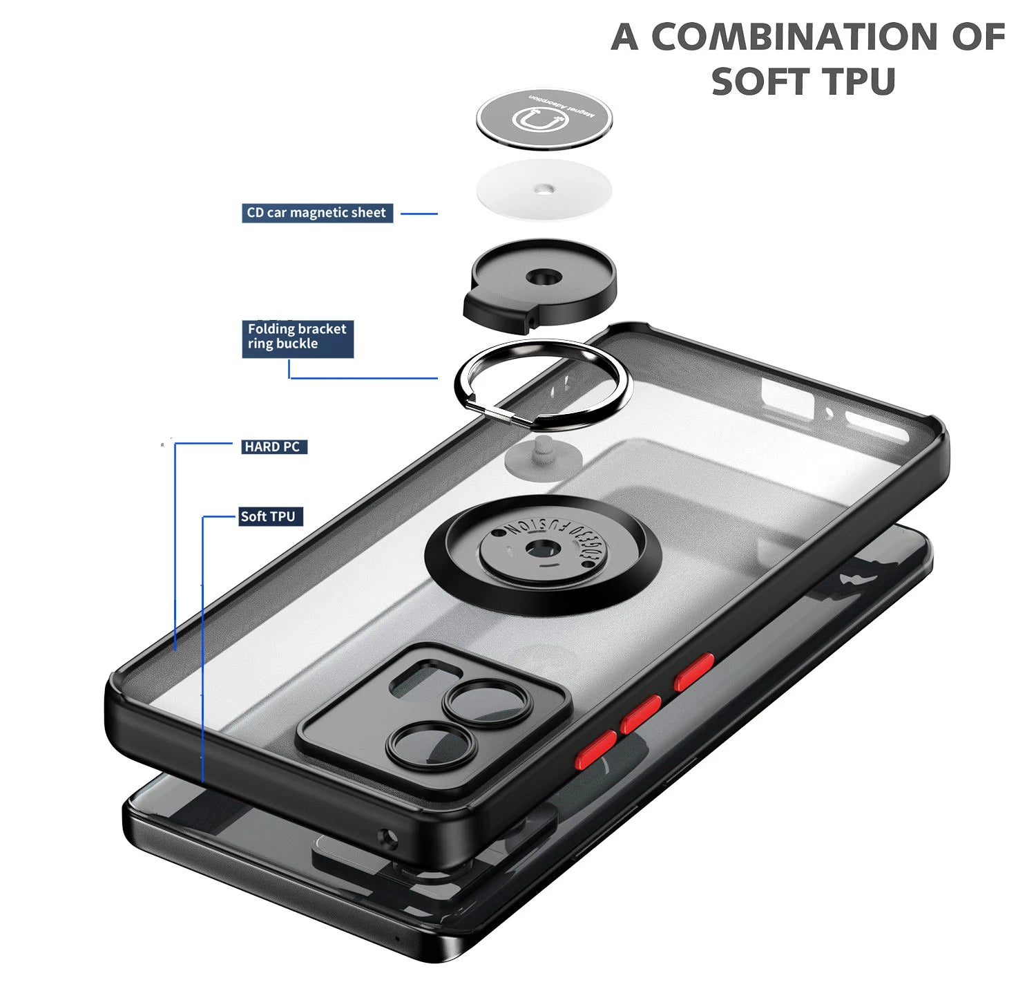 Exploded view of a clear phone case with a magnetic ring holder.