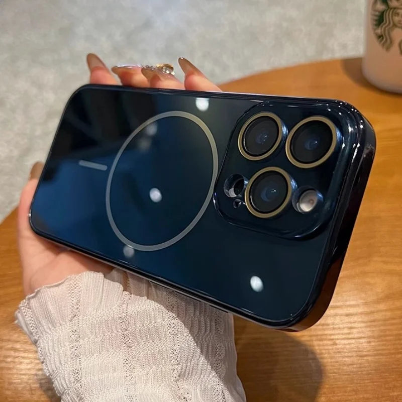 Dark blue smartphone with a clear case featuring a magnetic ring and four camera lenses.