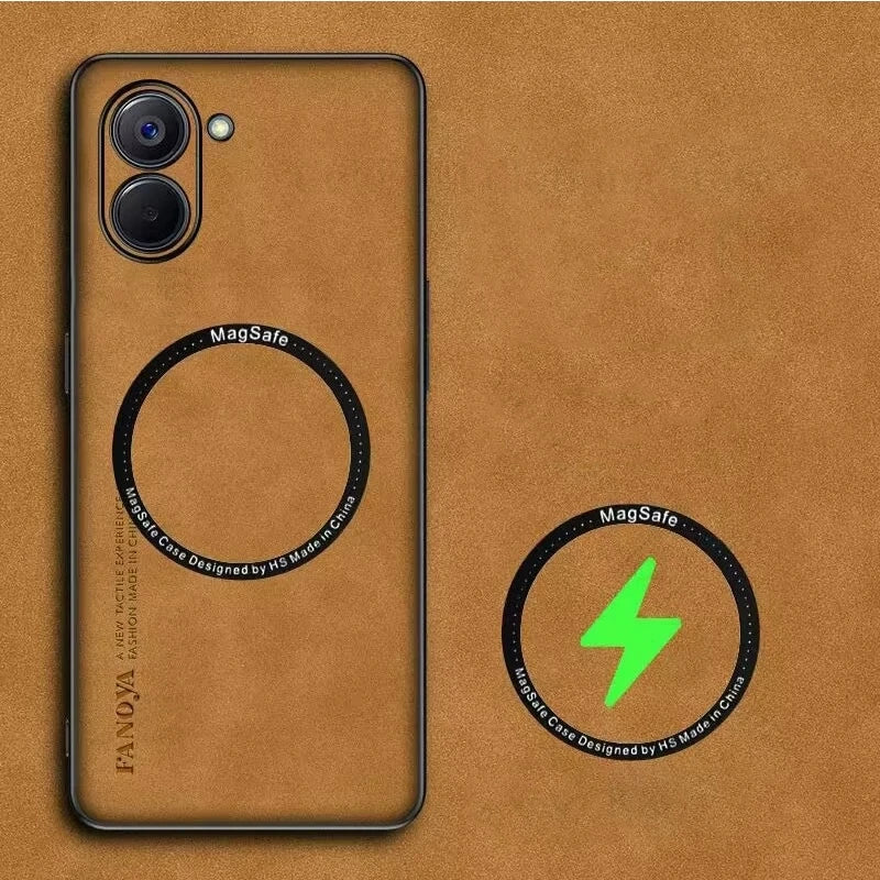 Brown leather-textured MagSafe phone case with camera cutouts.