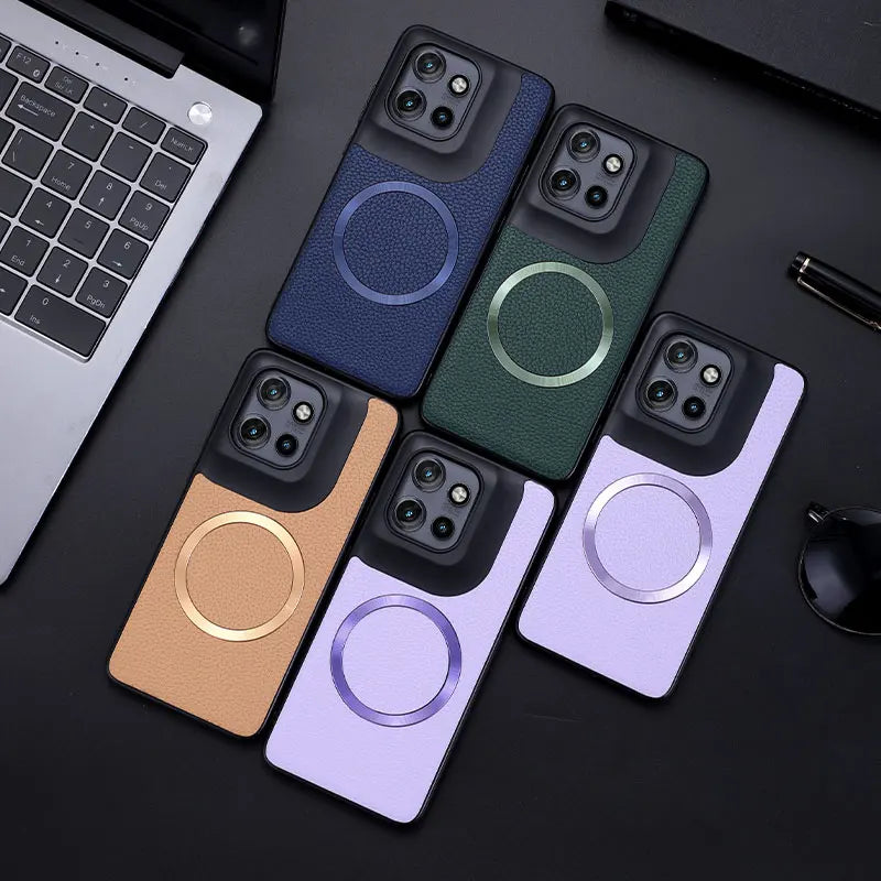 A collection of five colorful smartphone cases with integrated magnetic rings for wireless charging.